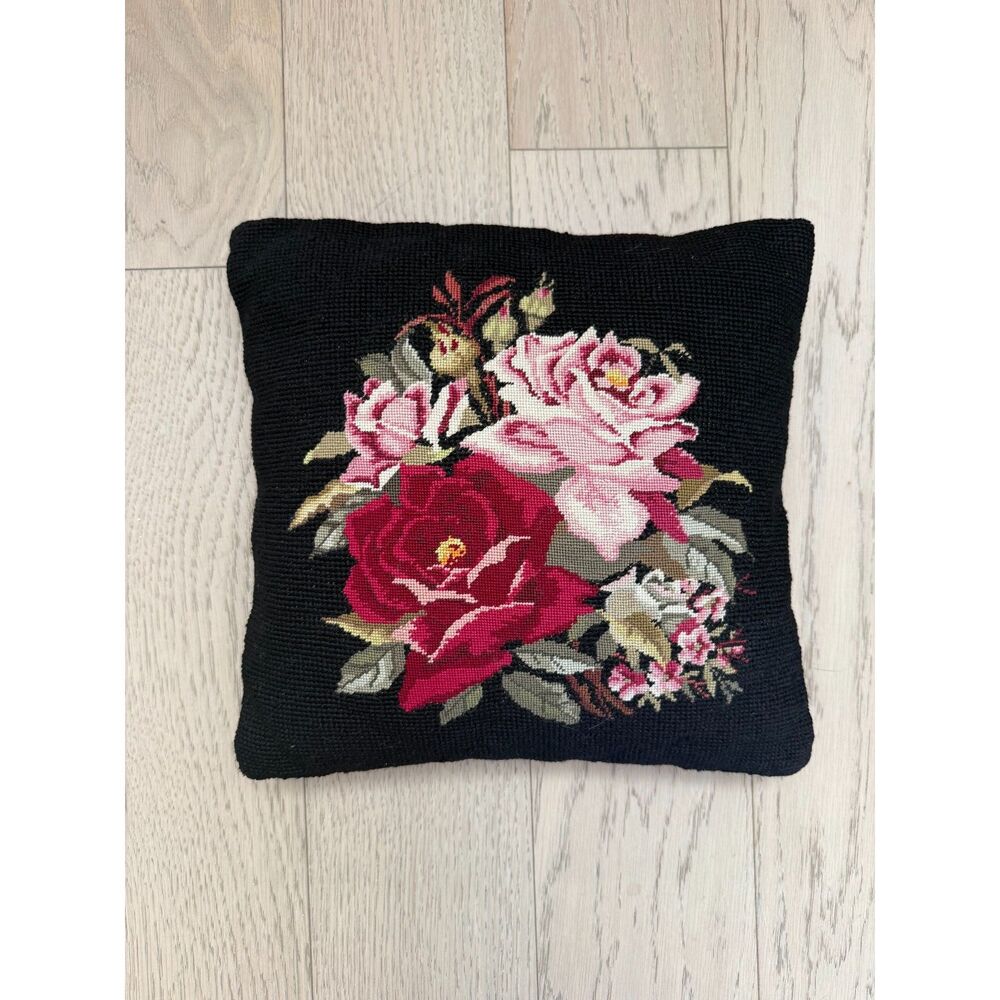 Vintage-Style Floral Needlepoint Pillow Cover 12x12 – Black & Pink Roses